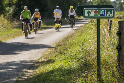 France, Maine-et-Loire (49), vallée de la Loire classée au Patrimoine Mondial par l'UNESCO, Saumur vers Saint-Hilaire, panneau de signalisation de La Loire à Vélo