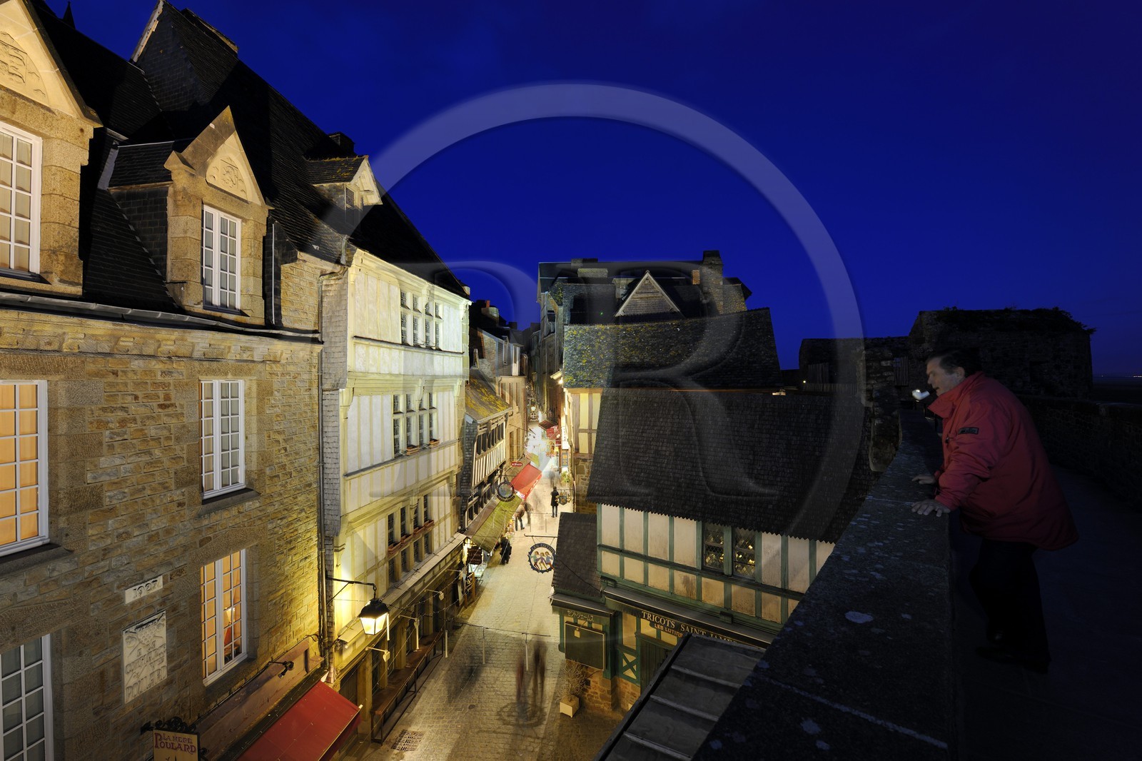 France, Manche, Mont Saint Michel, listed as World Heritage by UNESCO, Grande Rue (Main street) from the parapet walls