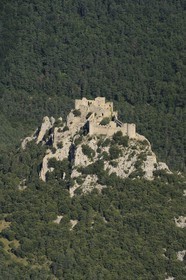 France, Aude, Cathar castle of Puilaurens (aerial view)