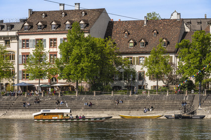 Switzerland, Canton Basel-Stadt, Basel, Little Basel district on the right bank of the river Rhine, one of the four small ferries, the Fähri, in operation since the 19th century which connect the banks of the Rhine