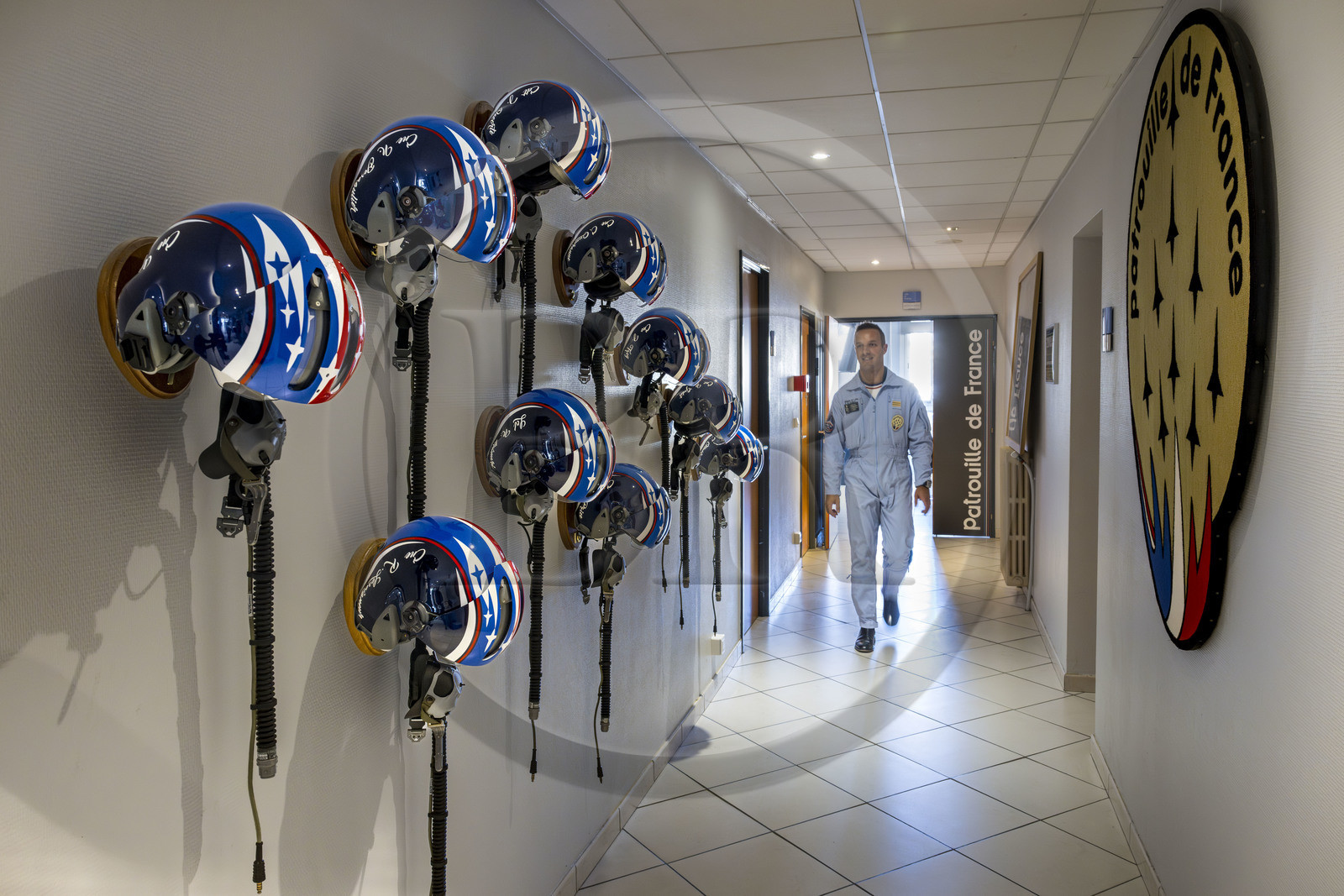 France, Bouches du Rhone, Salon de Provence, air base 701, base of the Patrouille de France (PAF for Patrouille acrobatique de France) of the French Air and Space Force, Captain Cédric Queyranne comes to collect his helmet in the corridor of the Patrouille de France premises
