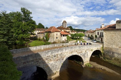 France, Dordogne, Périgord Vert, Saint Jean de Cole, labelled Les Plus Beaux Villages de France (The Most beautiful Villages of France), the medieval bridge of the 12th century and Saint Jean Baptiste Bell tower