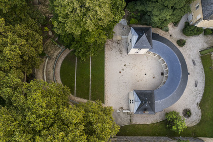France, Cote d'Or, Climats terroirs of Burgundy listed as World Heritage by UNESCO, Beaune, the Théâtre de Verdure, located in the former bathhouses, built in 1813 in the moat of the Comédie rampart (aerial view)