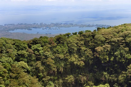 Nicaragua, Granada Department, Mombacho Volcano Nature Reserve, view of the main crater and Las Isletas de Granada in Lake Nicaragua in the background