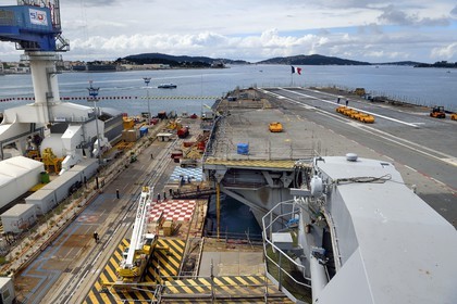 France, Var, Toulon, the naval base (Arsenal), the Charles de Gaulle nuclear-powered aircraft carrier on mid-life renovation, one of the giant elevators for the planes and the flight deck
