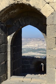 Israel, Northern District, Galilee, Belvoir Fortress is a Crusader fortress hold by the Knights Hospitaller between 1168 and 1189 overlooking the Jordan River valley, the mountains of Jordan in the background