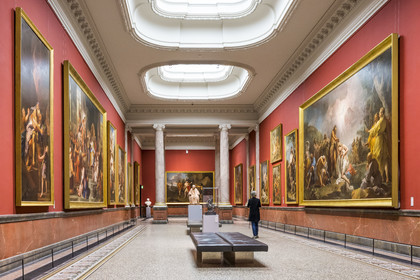 France, Herault, Montpellier, historic center, Fabre museum, the gallery of columns and seated Voltaire by sculptor Jean Antoine Houdon (circa 1780-90)