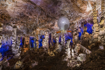 France, Gard, Mejannes-le-Clap, grotte de La Salamandre (Salamander cave), discovery of the cave in Aéroplume®, an individual dirigible balloon inflated with helium which allows you to fly away by flapping your wings