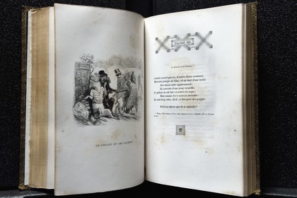 France, Aisne, Château-Thierry, Jean de La Fontaine Museum - city of Chateau-Thierry,  La Fontaine's Fables book, edition illustrated (Fournier Ainé 1839 - 1st edition in 1838) by the cartoonist Jean Jacques Grandville, the Fox and the Grapes fable XI of book III