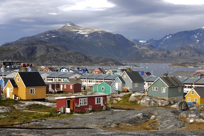 Greenland, town of Nanortalik surrounded by mountains in the Southern area