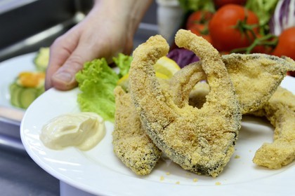 France, Haut Rhin, Sundgau, Hirsingue, Auberge des Trois Vallées, dish of fried carp
