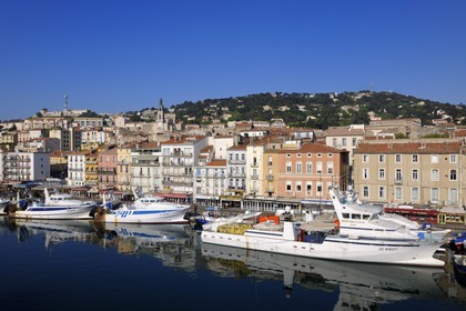 France, Herault, Sete, canal Royal (Royal Canal), tuna boat docked at the foot of Mont Saint Clair and the St. Louis decanal church