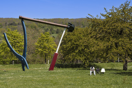 Germany, Bade-Wurtemberg, Weil am Rhein near Basel, the Vitra Campus, the sculpture Balancing Tools (1984) by Claes Oldenburg and Coosje van Bruggen