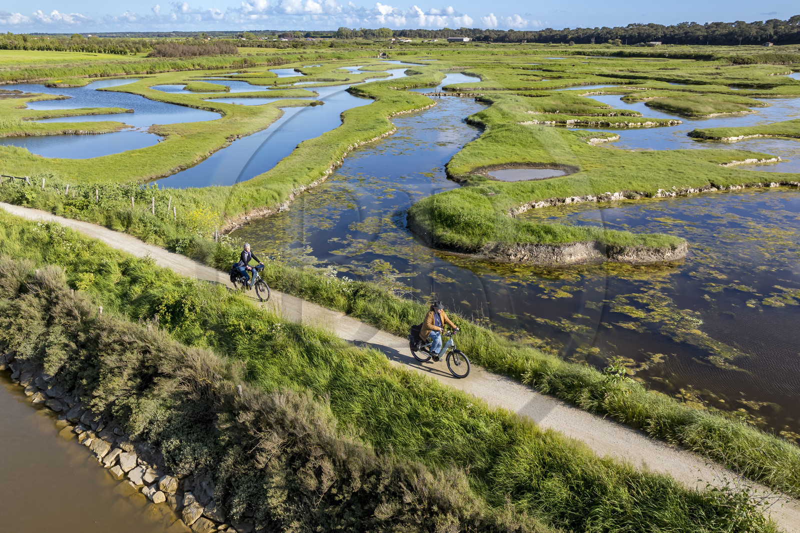 France, Vendée (85), Talmont-Saint-Hilaire, marais de la Guittière dans l'arrière pays de la Pointe du Payré, cycliste sur la piste de la véloroute Vendée Vélo Tour et Vélodyssée au passage du Cul d’Ane, marais aménagés pour la pisciculture de dorades, mulets et anguilles (vue aérienne)