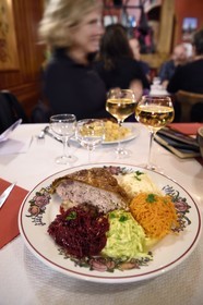 France, Haut Rhin, Kruth, ferme auberge marcaire du Schafert (farmhouse inn Schafert), the Alsatian meat pie accompanied by its salads