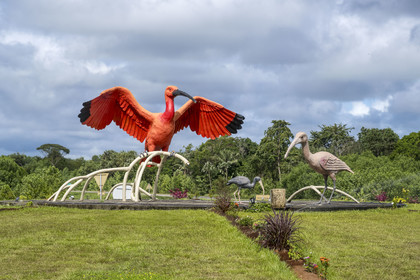 France, French Guiana, the scarlet ibis is one of the great emblems of French Guiana, here in the center of a roundabout in Sinnamary on National Route 1 (N1) linking Cayenne to Saint-Laurent-du-Maroni.