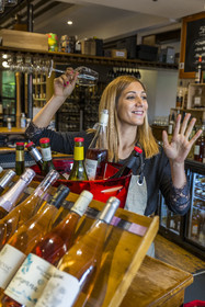 France, Herault, Montpellier, Port Marianne district, around the Bassin Jacques Coeur, wine tasting bar and restaurant Le Trinque-Fougasse, sommelier Rosa Bela