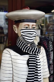 France, Calvados, Pays d'Auge, Honfleur, Saint-James boutique, model wearing a mask matching the sailor sweater