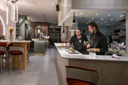 France, Cote d'Or, Dijon, area listed as World Heritage by UNESCO, François Louvel in his Brasserie François around the central market halls