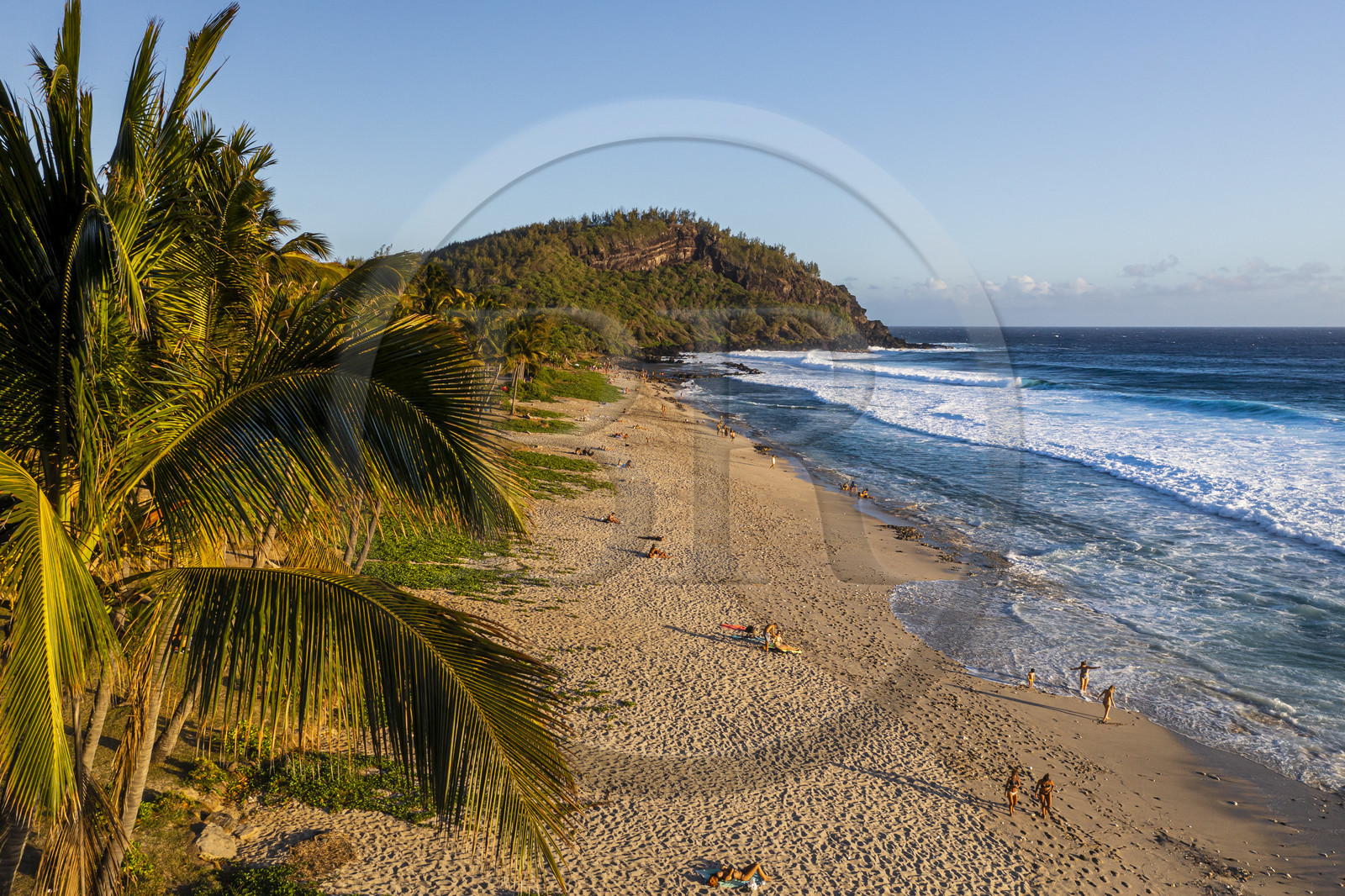 France, Ile de la Reunion, Petite-Ile sur la côte sud, plage de sable blanc de Grand-Anse au pied de piton Grande-Anse (vue aérienne)