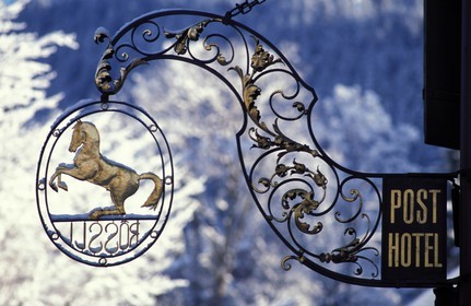 Switzerland, region of Bern (Bernese Oberland), Saanenland, Gstaad, the Post hotel sign