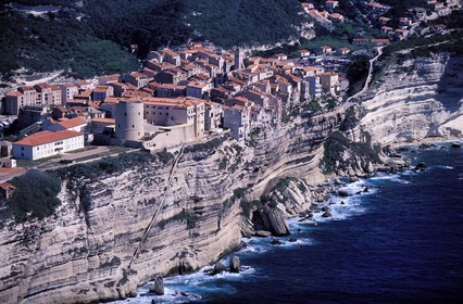 France, Corse du Sud, Bonifacio, old town perched on the limetone cliffs (aerial view)