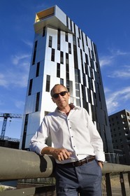 France, Bas Rhin, Strasbourg, development of port du Rhin (Rhine's harbour) and conversion of breakwater of Bassin d'Austerlitz, Danube eco-neighborhood, Eric Chenderowsky, Town Planning Director, in front of Elithis Tower