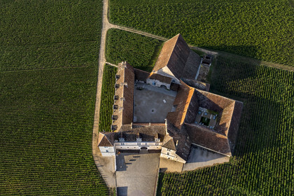 France, Cote d'Or, cultural Landscape of the climates of Burgundy listed as World Heritage by UNESCO, Route des Grands Crus (road of Vintage Wines), vineyard of the Côte de Nuits, Vougeot, the Chateau of Clos de Vougeot surrounded by vineyards (aerial view)