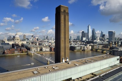 United Kingdom, London, Southwark district, the Tate Modern, the Millennium Bridge by architect Norman Foster on the Thames river and St. Paul's Cathedral in the City in the background, the skyscrapers of the City with the 20 Fenchurch Street nicknamed the Walkie-Talkie designed by the architect Rafael Vinoly on the right