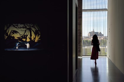 France, Moselle, Metz, Amphitheatre district, Centre Pompidou Metz, art center designed by architects Shigeru Ban and Jean de Gastines, view over Metz from Gallery 3