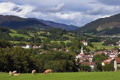 France, Pyrenees Atlantiques, Basque Country, the village of Saint Etienne de Baigorry and the castle of Etxauz in the background