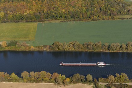 France, Eure, barge on the Seine river at Villiers-sur-le-Roule upstream Les Andelys (aerial view)