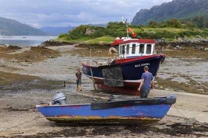 Royaume-Uni, Ecosse, Highland, Plockton, bateaux de pêche dans le Loch Carron à marée basse