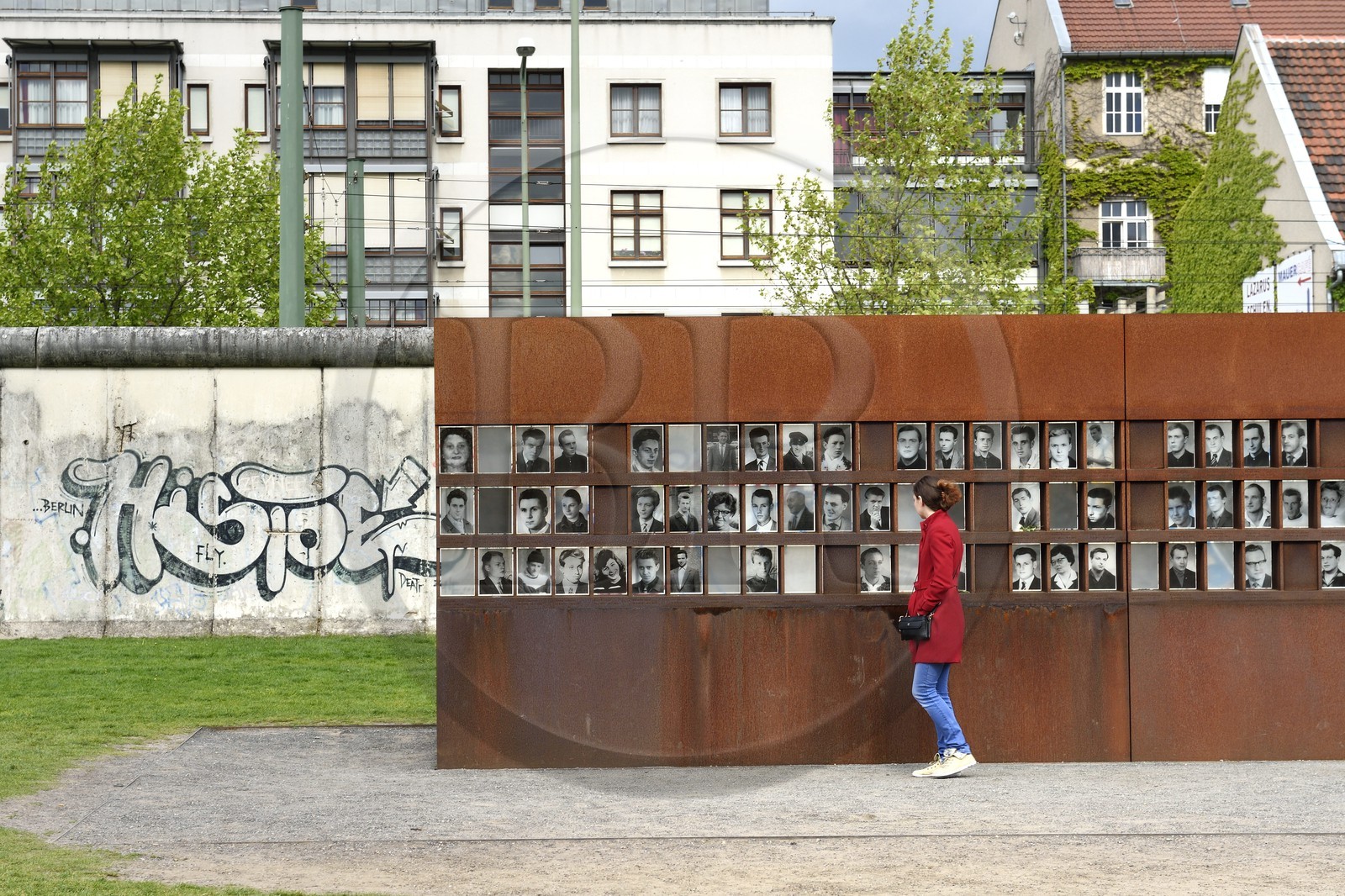 Allemagne, Berlin, Bernauer Strasse, Mémorial du Mur de Berlin (Gedenkstätte Berliner Mauer), das Fenster des Gedenkens (la fenêtre du Souvenir) où les victimes du Mur sont honorées avec leur nom et une photo-portrait
