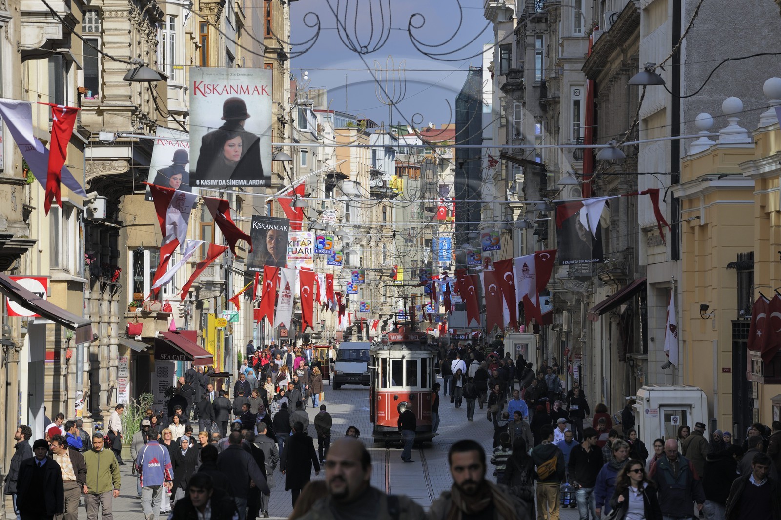 Turkey, Istanbul, Beyoglu, Taksim District, old tramway in Istiklal Caddesi Street