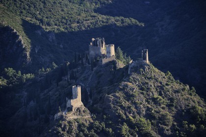 France, Aude, ruins of the Lastours castle (aerial view)