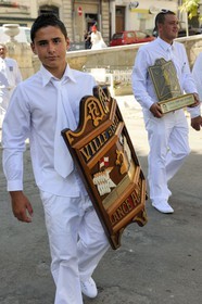 France, Herault, Sete, Fete de la Saint Louis (St Louis's feast), parade of the water jousters and the Pavise shield
