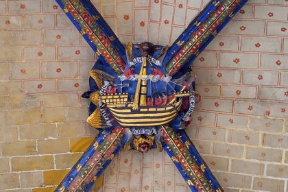 France, Pyrenees Atlantiques, Basque Country, Bayonne, St. Mary's Cathedral, keystone of the transept representing the Bayon nave whose specificity is linked to the presence for the first time of a stern rudder