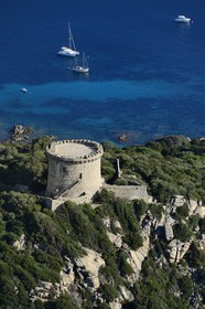 France, Corse du Sud, south of Propriano, Campomoro pointe, Campomoro tower (aerial view)