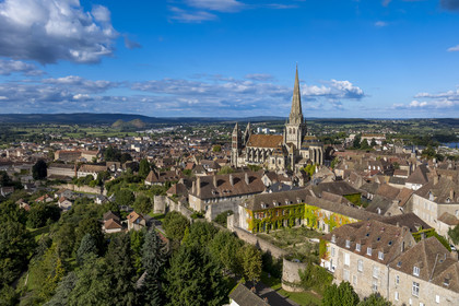 France, Saone et Loire, Autun, Saint Lazarus Cathedral and remains of the Gallo-Roman ramparts (aerial view)