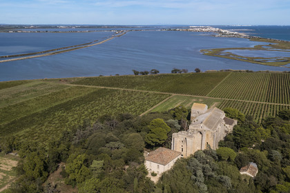France, Hérault (34), Villeneuve-lès-Maguelone (Palavas-Les-Flots), cathédrale Saint-Pierre-et-Saint-Paul de Maguelone des XIIème et XIIIème siècles entourée de vignes sur son île, l'Etang du Prévost et Palavas-Les-Flots en arrière plan (vue aérienne)