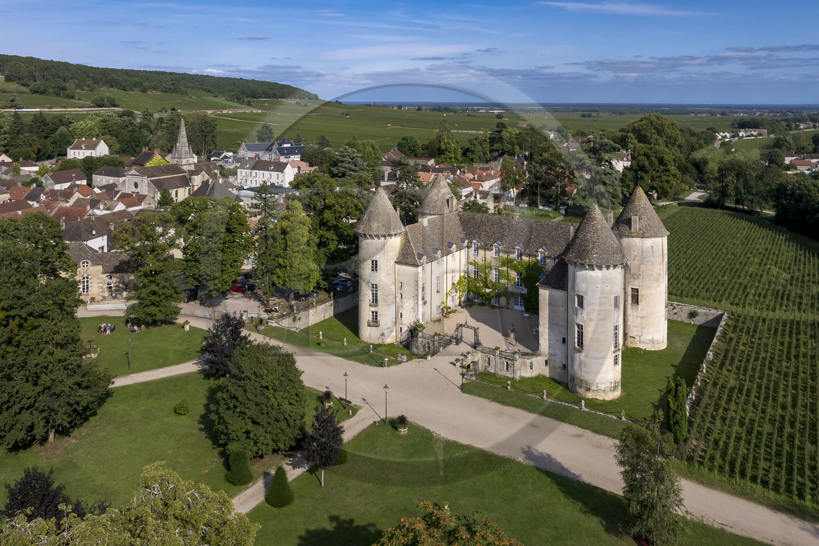 France, Côte-d'Or (21), les climats de Bourgogne classés Patrimoine Mondial de l'UNESCO, Côte de Beaune, Savigny-les-Beaune, le chateau avec les musées et collections avions de chasse, voitures de course Abarth, motos, tracteurs enjambeurs, maquettes, camions de pompiers (vue aérienne)