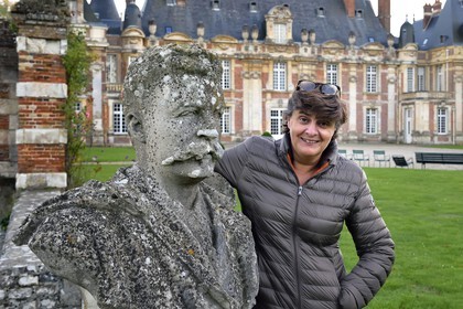 France, Seine-Maritime, Pays de Caux, Tourville sur Arques, château de Miromesnil, birthplace of the French writer Guy de Maupassant, the owner Nathalie Romatet with the bust of the writer