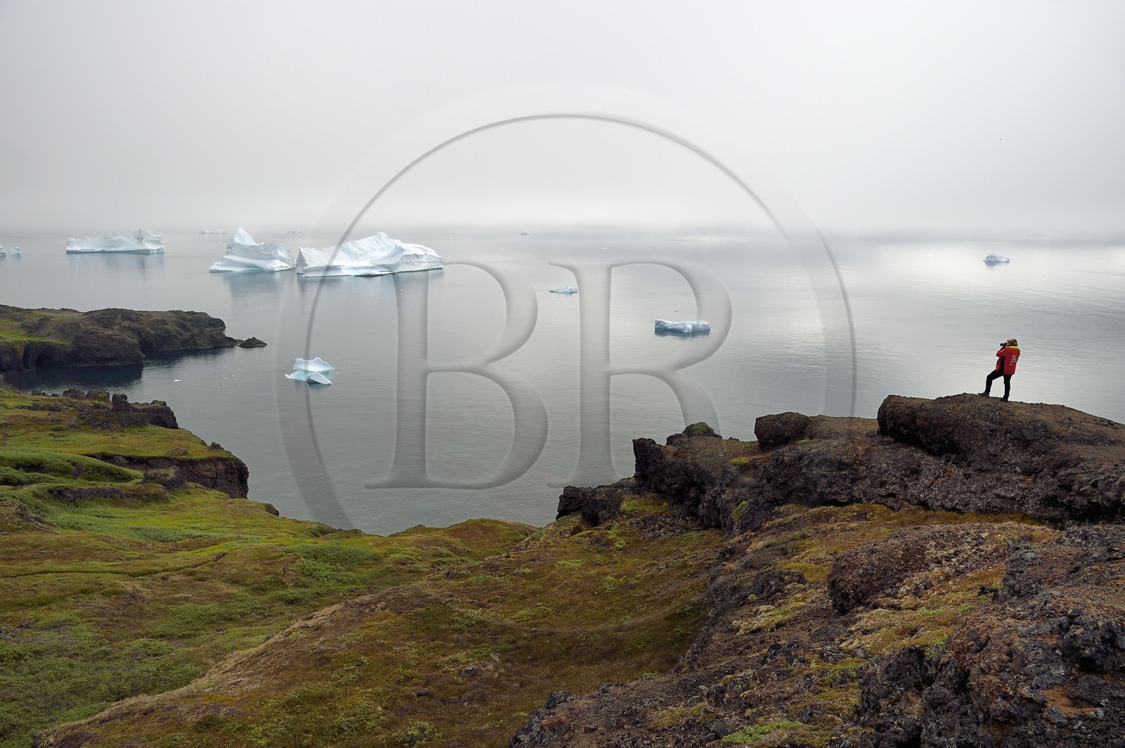 Groenland, cote ouest, Ile de Disko, Qeqertarsuaq, randonneur sur la côte et icebergs dans la brume en arrière plan