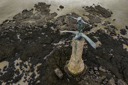 France, Loire Atlantique, Estuaire de la Loire, Saint Nazaire, American Monument called Sammy built in memory of the American landing of June 26, 1917 in Saint-Nazaire (aerial view)