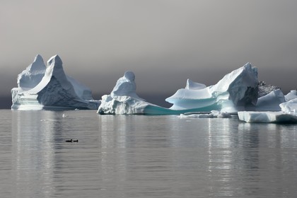 Greenland, west coast, Disko Island, Qeqertarsuaq village bay, icebergs in the mist