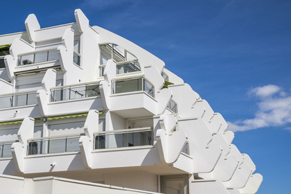 France, Herault, La Grande-Motte, labeled 20th century heritage, Couchant (setting sun) district west of the port, the Arena building by the architect Paul d'Outreligne