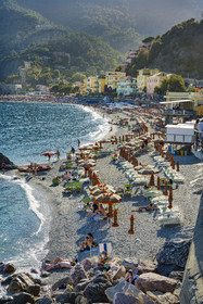 Italy, Liguria, Cinque Terre National Park listed as World Heritage by UNESCO, the large beach from the village of Monterosso al Mare