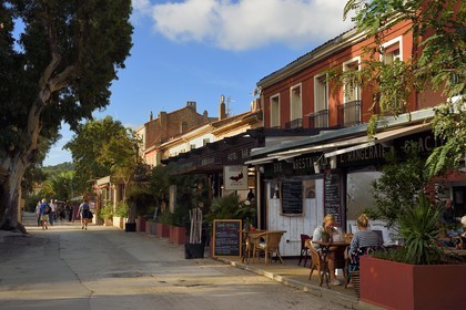 France, Var (83), Iles d'Hyères, parc national de Port Cros, Ile de Porquerolles, village de Porquerolles, terrasses de restaurant dans la rue principale