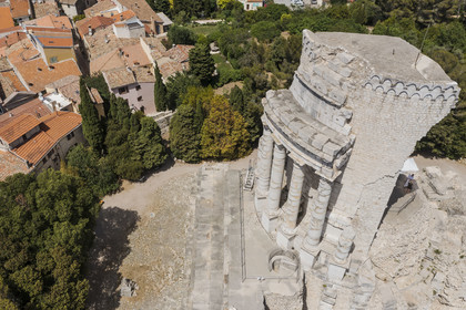 France, Alpes-Maritimes, La Turbie, Trophée d'Auguste or Trophée des Alpes, Roman monument built in the year 6 BC. (aerial view)